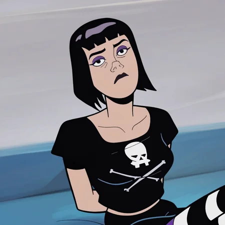 score_9, score_8_up, score_7_up, score_6_up, 2d, cartoon, 1girl, solo, cowboy shot, looking at viewer, bored, sitting, black hair, bob cut, makeup, purple eyeshadow, black eyes, collarbone, black shirt, print shirt, jolly roger, black skirt, jewelry, nail polish, striped leggings, arms behind back, head tilt,