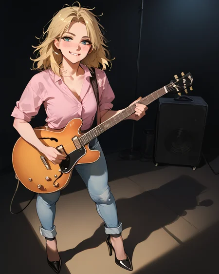 <lora:officialpit_v2-8:0.65>, score_9, score_8_up, score_7_up, incredible lighting, shadows, 8k, dark, night, backlit, <lora:LowReal_XL_Pony:0.8>, <lora:add-detail-xl:0.85>, 1girl, standing, blonde hair, messy hair, bangs, looking at viewer, biting lips, blushing, squinting, eyes slit, high heels, pink shirt, jeans, ((playing electric guitar)), f-hole electric guitar, <lora:es335-pony:0.75>,