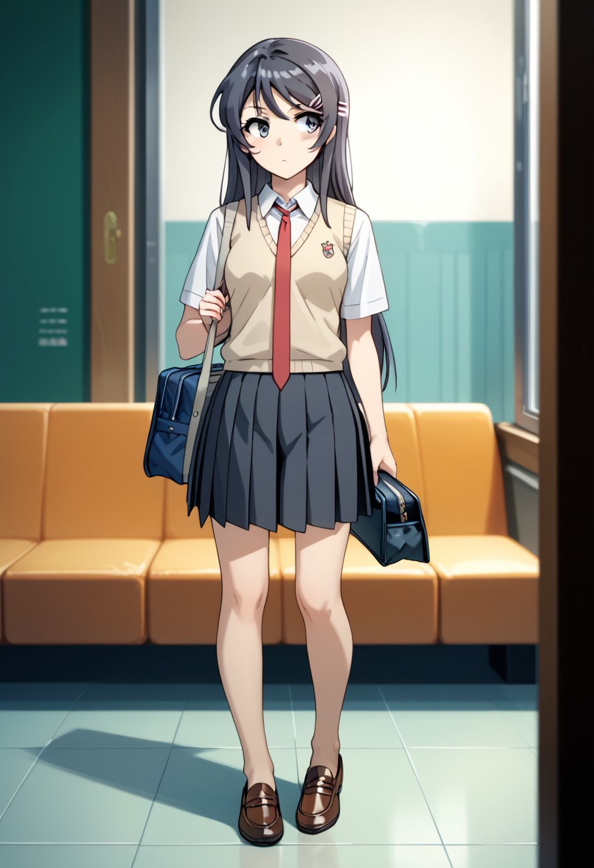 score_9,score_8_up,score_7_up,source_anime,SAKURAJIMA_MAI,1girl,solo,shirt,skirt,hair ornament,holding,standing,school uniform,white shirt,full body,short sleeves,pantyhose,pleated skirt,necktie,shoes,collared shirt,barefoot,indoors,hairclip,black skirt,bag,vest,looking to the side,brown footwear,red necktie,loafers,sweater vest,school bag,wooden floor,hair ornament,unworn shoes,unworn socks,unworn thighhighs,