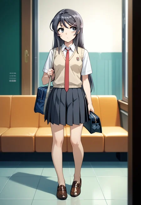 score_9,score_8_up,score_7_up,source_anime,SAKURAJIMA_MAI,1girl,solo,shirt,skirt,hair ornament,holding,standing,school uniform,white shirt,full body,short sleeves,pantyhose,pleated skirt,necktie,shoes,collared shirt,barefoot,indoors,hairclip,black skirt,bag,vest,looking to the side,brown footwear,red necktie,loafers,sweater vest,school bag,wooden floor,hair ornament,unworn shoes,unworn socks,unworn thighhighs,