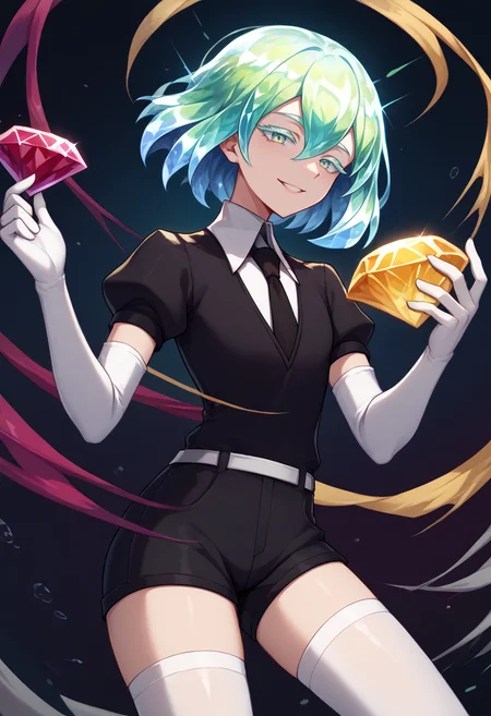 score_9, score_8_up, score_7_up, chaos emerald, holding, gem, holding gem, <lora:ChaosEmeraldHolding_pdxl_Incrs_v1:1>, <lora:Hoseki_HousekiNoKuni_Diamond_PDXL_v1:0.8> hskdmnd, white skin, crystal hair, colored eyelashes, multicolored hair, short hair, black shirt, puffy short sleeves, collared shirt, black necktie, elbow gloves, white gloves, black shorts, white thighhighs, seductive smile, cowboy shot,