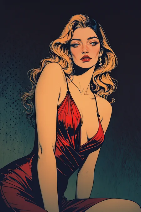 masterpiece,best quality,amazing quality,very aesthetic,absurdres,newest,detailed eyes, realistic body, retro, realistic, low angle, dutch angle, high fashion, cowboy shot, from side, ink art,
1girl, solo, face, pretty, blue eyes, 25 yo, seductive, looking at viewer, delicate facial features, dramatic lighting blue and red colors, strikingly beautiful, teasing expression, 
face focus, upper body view, dynamic angle, Korean woman, delicate lips, black hair, blond hair, medium length hair, wavy hair, eyeliner, mascara, light eye makeup, red lips, earrings, jewelry, elegant dress, club outfit, high heel, girl sitting, relaxes and elegant pose. 
elegent dress, plunging neck line, romantic date, seductive expression, head tilt, film noir,
halftone background, dark background, full body shot, cowboy shot, high contrast, dramatic lighting, hard shadows, color shift,
 <lora:OmniReal:0.65> <lora:GTHAN-IL:0.75> <lora:fashiongirl-v1-ILXL:0.9>