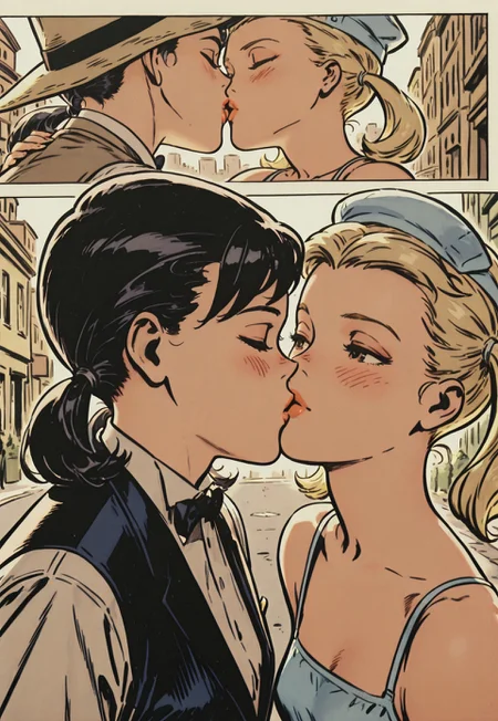 safe_pos, 2girls, lesbians, sexy women, kissing, deep kiss, (eyes closed, extreme close-up, lips focus), blushing, BREAK,

(1girl, petite, brunette, black hair, vintage ballerina outfit), BREAK,

(1girl, formal, waistcoat, suspenders, blonde hair, loose twintails, hat, head tilt), BREAK,

(outdoors, in the city, in the street), natural lighting, dynamic angle, BREAK,

vintage romance comic, muted colors, neutral palette, sepia tones, ink crosshatching, official style, original art style, (safe_pos, fine texture, masterpiece, ultra-detailed, very aesthetic, absurdres, volumetric lighting, scenery), BREAK.