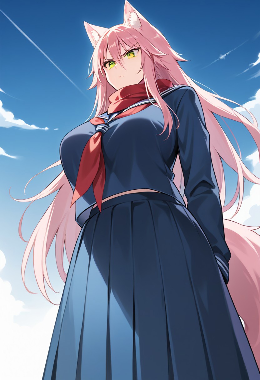 core_9, Score_8_up, Score_7_up, core_9, Score_8_up, Score_7_up, 1girl, Ferryl Ookami, wolf girl, long hair, pink hair, wolf ears, ear fluff, fluffy wolf tail, wolf tail, big breasts (orange eyes: 1.1), very long skirt, school uniform, pleated skirt, serafuku, blue skirt, blue jacket, long sleeves, red scarf, serious look, annoyed, staring at the spectator, from below, standing, in a meadow, blue sky, beautiful sky
