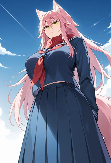core_9, Score_8_up, Score_7_up, core_9, Score_8_up, Score_7_up, 1girl, Ferryl Ookami, wolf girl, long hair, pink hair, wolf ears, ear fluff, fluffy wolf tail, wolf tail, big breasts (orange eyes: 1.1), very long skirt, school uniform, pleated skirt, serafuku, blue skirt, blue jacket, long sleeves, red scarf, serious look, annoyed, staring at the spectator, from below, standing, in a meadow, blue sky, beautiful sky