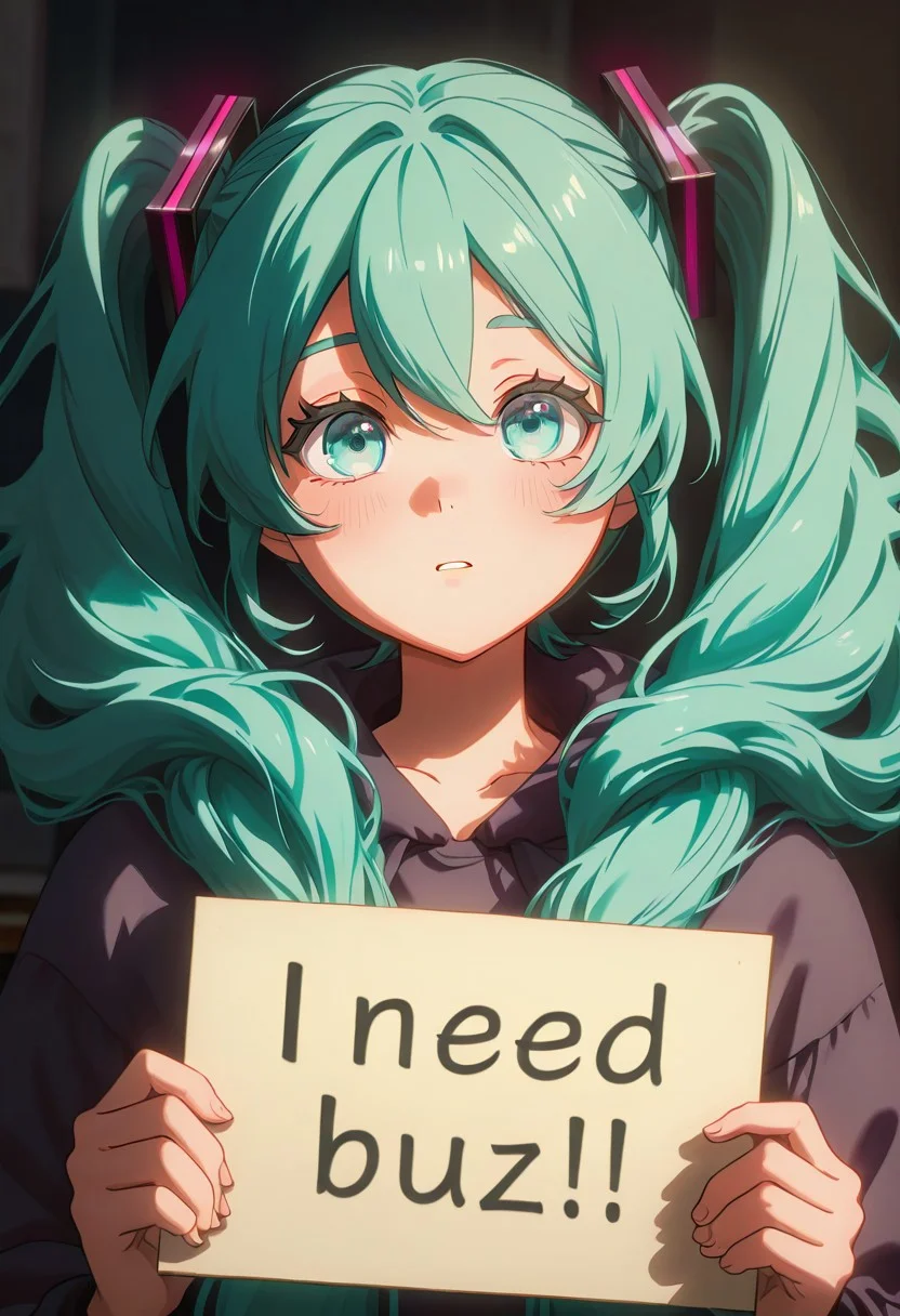 score_9, score_8_up, score_7_up, score_6_up,Enchanting Eyes, LDSCH Style, aesthetic, absurdres, beautiful, highres, detailed eyes,
Solo, 1girl,Hatsune Miku,((long twin tails hair)), tourquese eyes, tourquese hair, need_buzz, holding sign,
