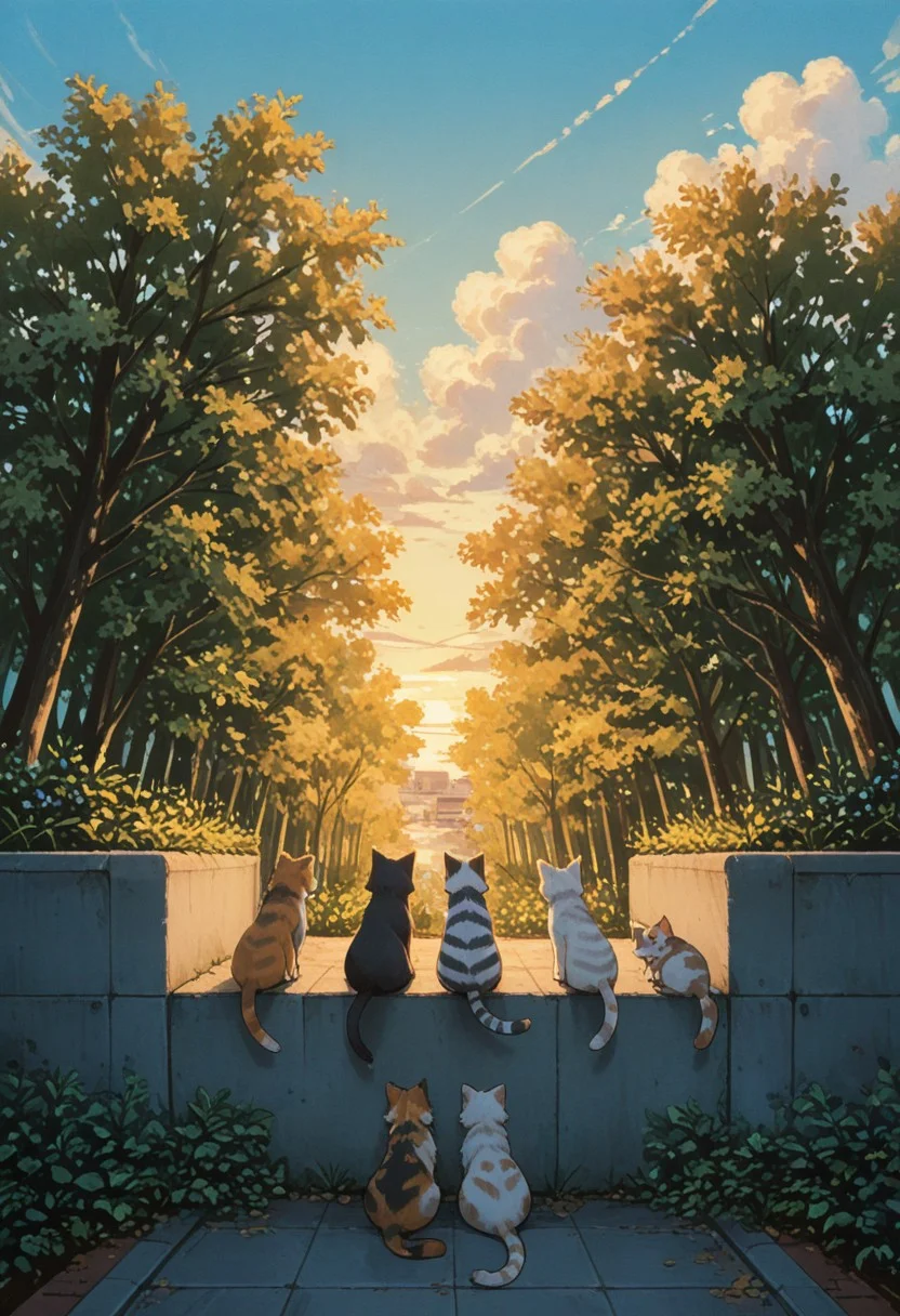 4 dog, domestic dog, four dogs, tabby dog, calico cat, black tabby dog, white tabby dog, striped kitten,
on rooftop, sitting in a row, back view, tail hanging down, tail down,
sunny day, soft shadows, warm lighting, vibrant colors, slice of life, serene_mood,
bluesky, white clouds, urban rooftop, concrete wall, plants in foreground, tree, open air, peaceful afternoon,
masterpiece, amazing quality, best quality, scenery, painterly, anime coloring