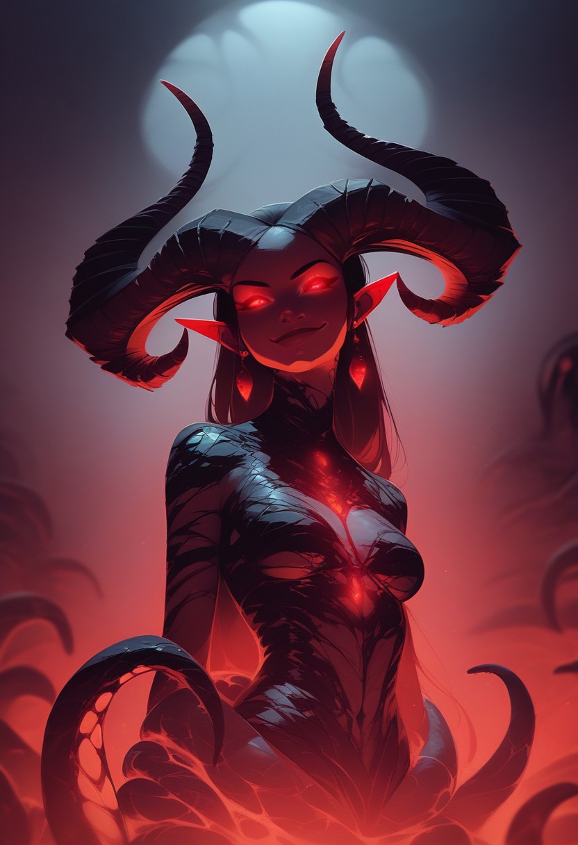 score_9, score_8_up, score_7_up,  
c0l0r1f1c4t10nr3d,ColorificationRed,Colorification Red, 1girl, solo, long hair, breasts, looking at viewer, smile, red eyes, jewelry, medium breasts, closed mouth, tail, earrings, horns, pointy ears, lips, glowing, colored skin, demon girl, monster girl, slit pupils, demon horns, glowing eyes, tentacles, curled horns, evil smile