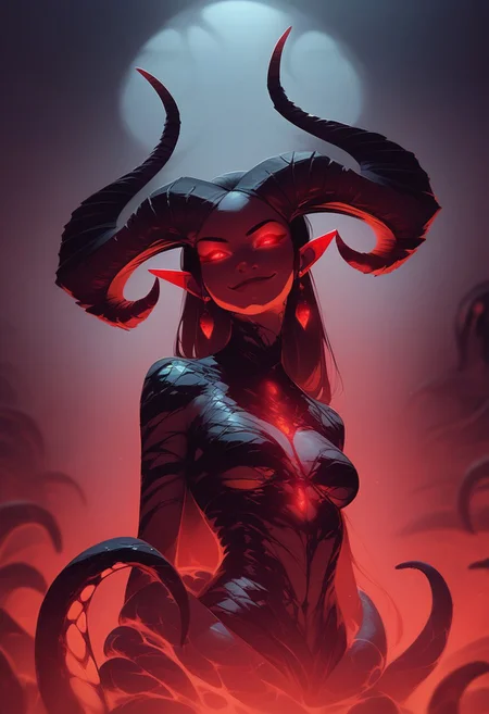 score_9, score_8_up, score_7_up,
c0l0r1f1c4t10nr3d,ColorificationRed,Colorification Red, 1girl, solo, long hair, breasts, looking at viewer, smile, red eyes, jewelry, medium breasts, closed mouth, tail, earrings, horns, pointy ears, lips, glowing, colored skin, demon girl, monster girl, slit pupils, demon horns, glowing eyes, tentacles, curled horns, evil smile