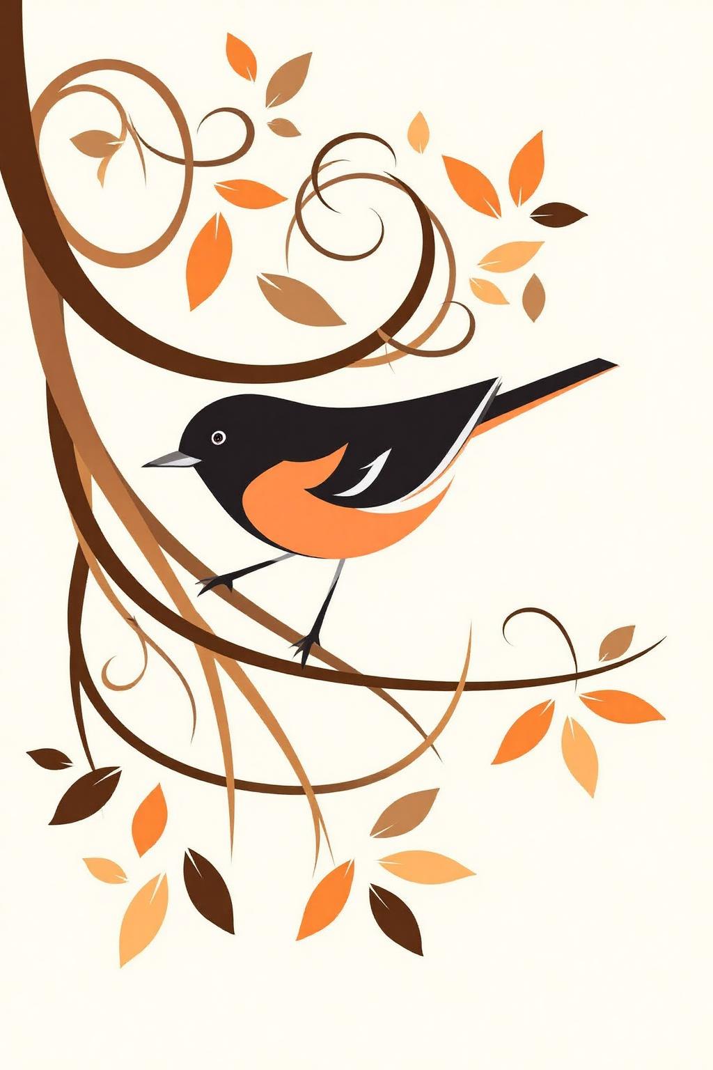 vector art.
A black and orange bird perched on a curved brown branch. The bird has an orange breast and white eye markings. The branch is adorned with autumn-colored leaves in shades of brown and orange.
 <lora:vectorart1_cap_d6a3:1.0><lora:844066816042017635:0>