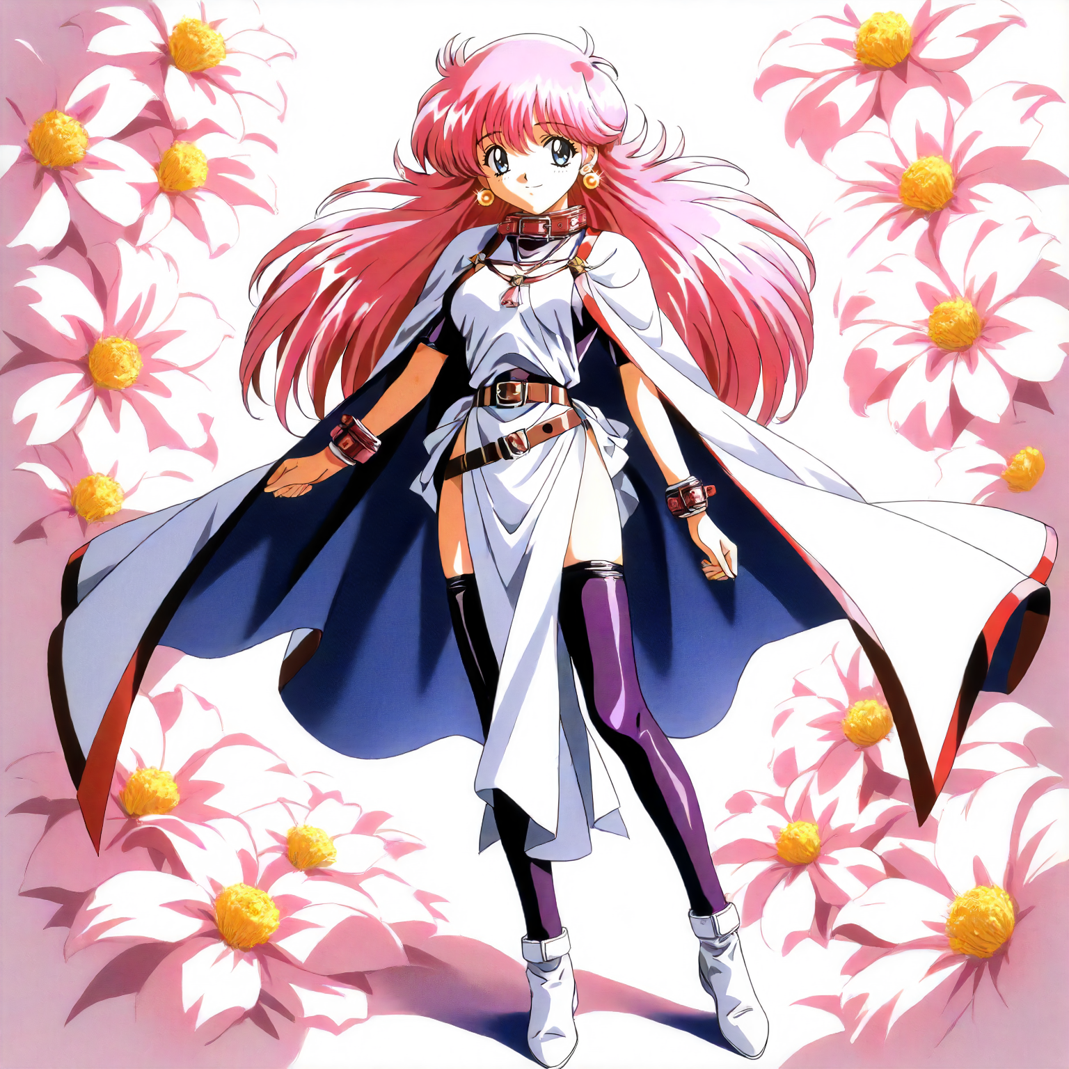 <lora:RC_sill_plainXLanimagine001>,
masterpiece,high score,great score,absurdres,
flower background,glitter,
smile,
looking at viewer,
solo,
anime coloring,retro artstyle,1990s (style),
sill_plain\(rance_series\),1girl,pink hair,long hair,blue eyes,earrings,
belt collar,
white cape,purple shirt,layered white shirt,short_sleeves,
belt wristband,
belt,pelvic_curtain,purple_thighhighs,
white shoes,
full body,
standing,