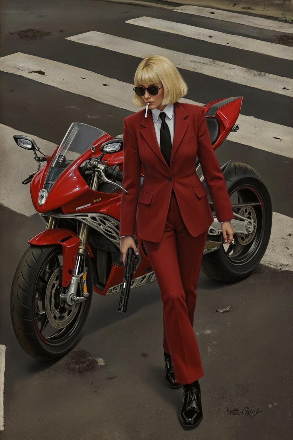 lauritsandersenring1 painting.
Overhead shot of a Blonde woman walking away from a futuristic motorcycle parked at a zebra crossing. The woman has bob hair, is smoking. She wears a red business suit, white shirt, black tie, and sunglasses. She holds a gun with a confident grip. The motorcycle itself is red, sleek and metallic, with intricate designs and a futuristic vibe  <lora:lauritsandersenring1_cap_d8a4e13:1.0><lora:857021559452263360:0>