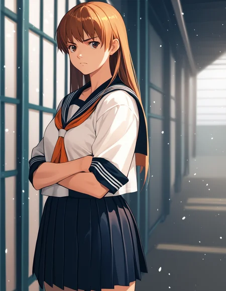 score_9,  score_8_up, score_7_up, source_anime
<lora:kasumi-v1-ponyxl-000015:1> kasfg, brown eyes, brown hair, orange hair, serafuku, pleated skirt,
1girl, solo, standing, shed, sunbeam, serious, light particles