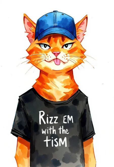 watercolor painting of a ginger cat wearing a blue baseball cap. Derpy look on its face with its tongue out. Wearing a black tshirt with the text "Rizz em with the tism" in white font