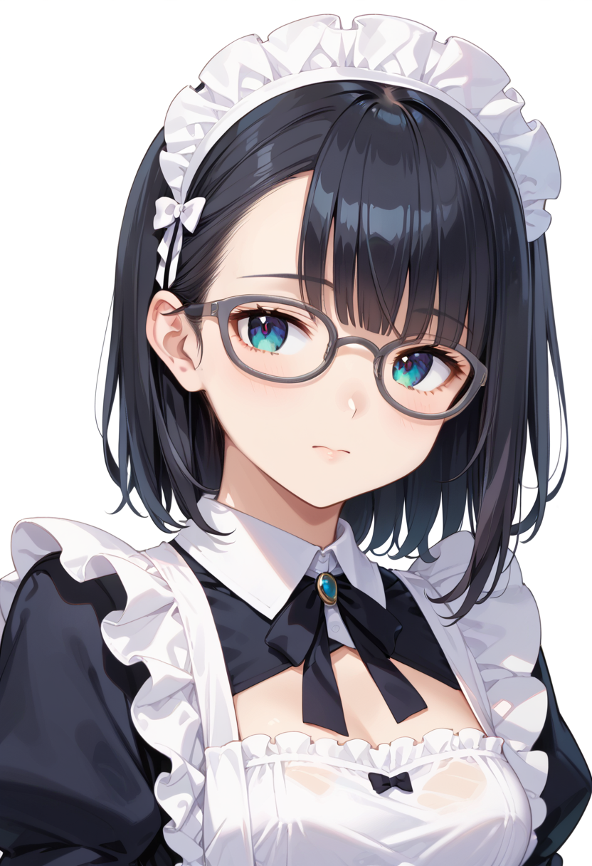 score_9, score_8_up, score_7_up, rating_safe, masterpiece, best quality, absurdres, unity 8k wallpaper, official art, official style, source_anime, uncensored, game cg, megami magazine,
1girl, solo, black hair, medium hair, upper body, covered eyes,maid, maid headdress, black dress, maid apron, face focus,
oval_cell, glasses, still life, white background, simple background, grey-framed eyewear,
 <lora:glasses_OvalCell2_PONY_V1:1>