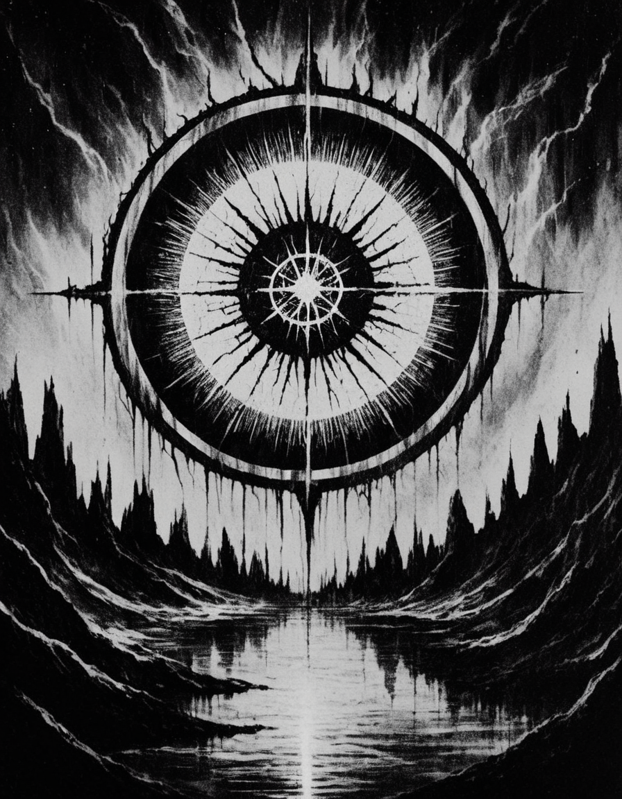 blackmetal style, xerox black and white, white sky, black sun portal, water below,
<lora:black_metal_art:1.0>
