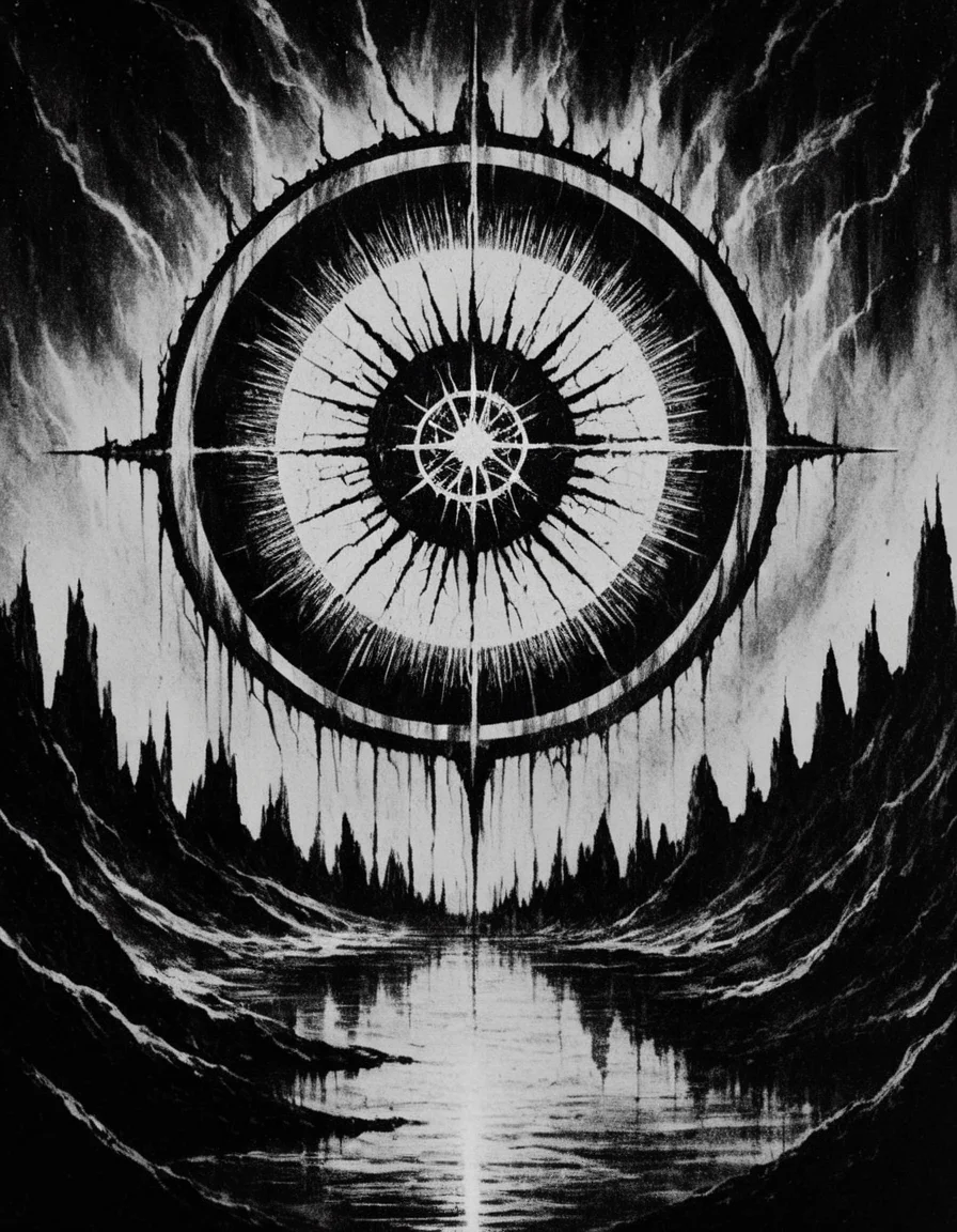 blackmetal style, xerox black and white, white sky, black sun portal, water below,
<lora:black_metal_art:1.0>