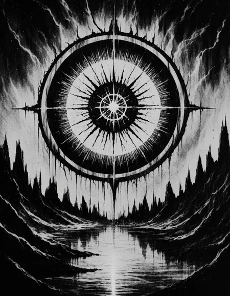 blackmetal style, xerox black and white, white sky, black sun portal, water below,
<lora:black_metal_art:1.0>