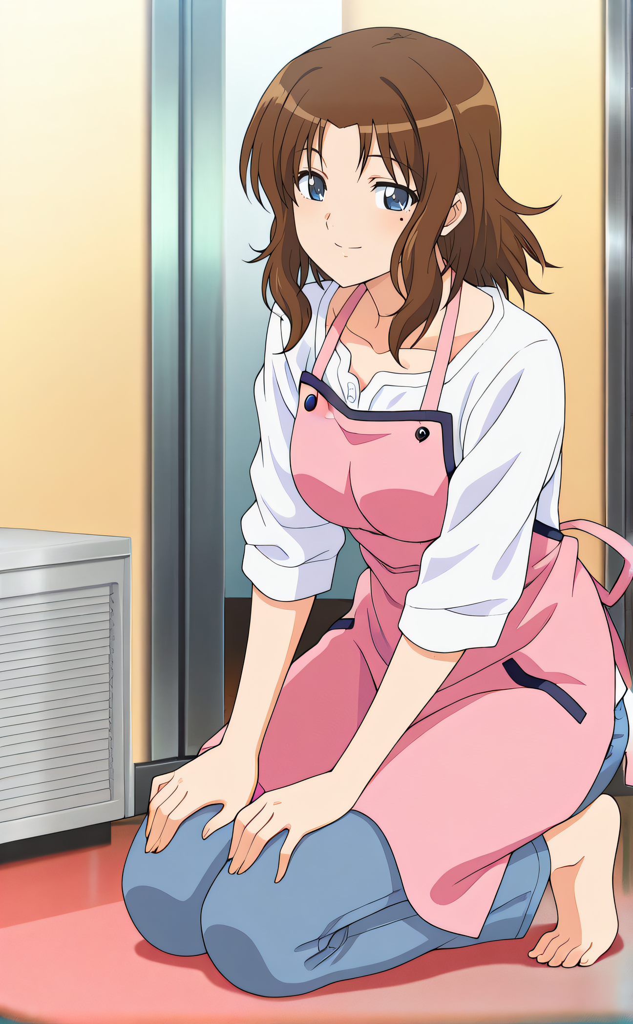 masterpiece, best quality, highres, newest, 1girl, solo, official style, anime screencap, <lora:IL_Kashima_Aoi:1>, aoi, brown hair, blue eyes, mole under eye, collarbone, white shirt, pink apron, jeans, barefeet, full body, kneeling, indoor, from side, smile, hands on knees, looking at viewer, five fingers:1.3, five toes:1.2