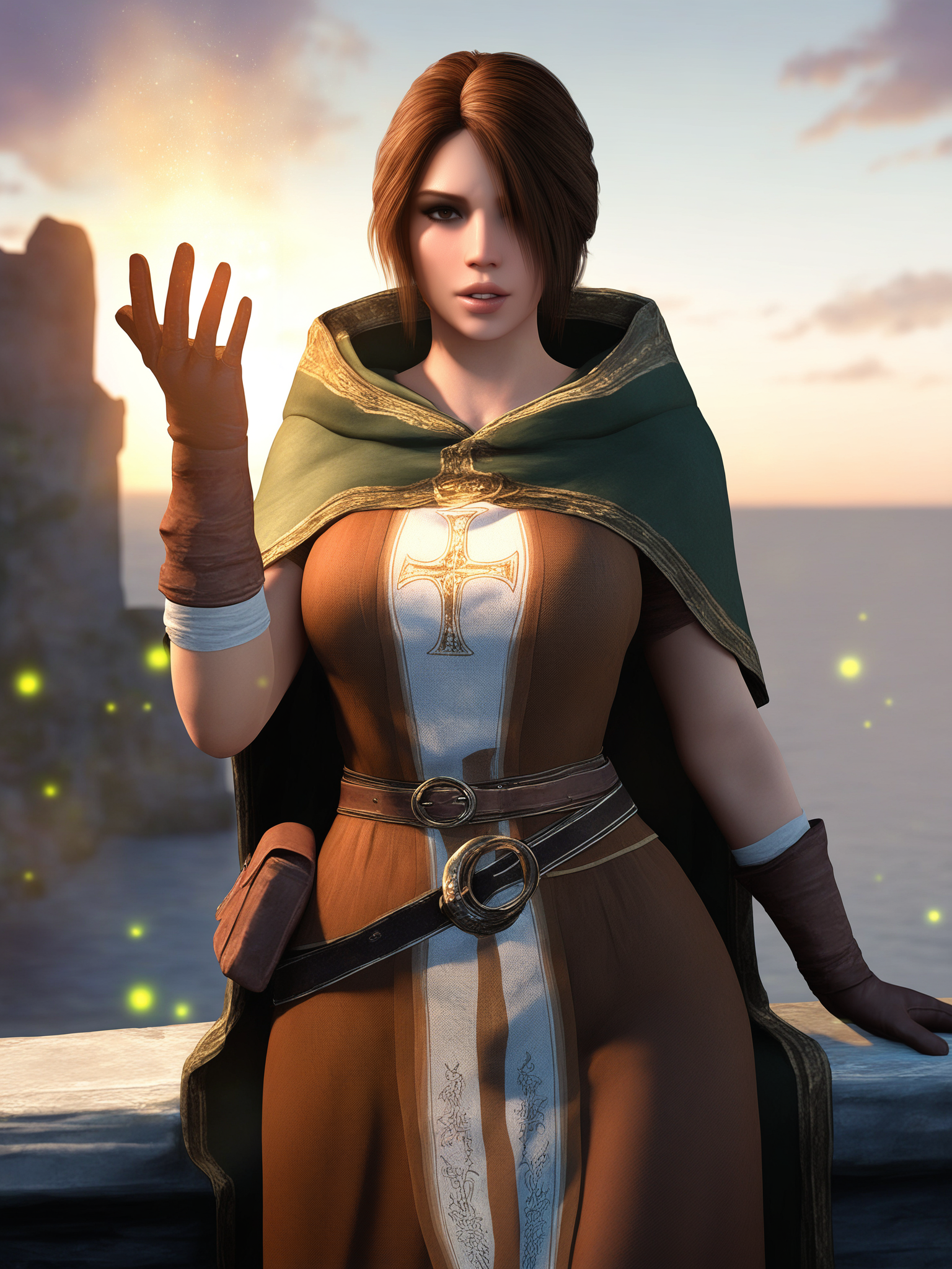 masterpiece, best quality, highres, absurdres, very awa, (bloom:1.1), shadow, sidelighting, 3d \(realistic\),
emerald herald, dark souls \(series\), 1girl, lips, brown eyes, hair over one eye, brown hair, short hair, cowboy shot, 
casting spell, magic, hand up,
looking at viewer, parted lips, eyeshadow,
hooded cloak, hood down, brown gloves, belt, belt pouch, long skirt, brown skirt, white pelvic curtain, cross print on tabard, cross patonce,
 shiny skin, shiny face, sidelighting, 
outdoors, evening, sunlight, sunbeam, sunset, cliffs, ocean, ruins, medieval, fantasy, fireflies, light rays, reflection, clouds, on rooftop
<lora:3DStyle Locon NoobAI VPRED 1224 V4 RealisticCartoon3D dec0.05 tagdrop01 Fix:1>