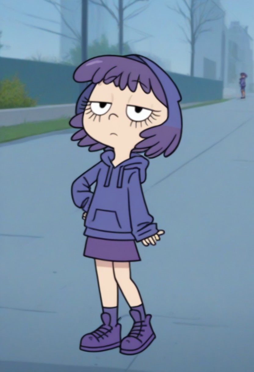 Sh4ri_WYSD, 1 girl, solo, short hair, purple hair, long eyelashes, purple hoodie, purple skirt, purple shoes,