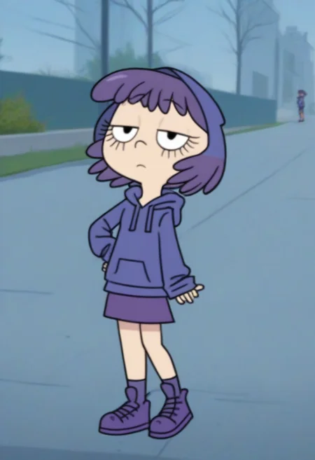 Sh4ri_WYSD, 1 girl, solo, short hair, purple hair, long eyelashes, purple hoodie, purple skirt, purple shoes,