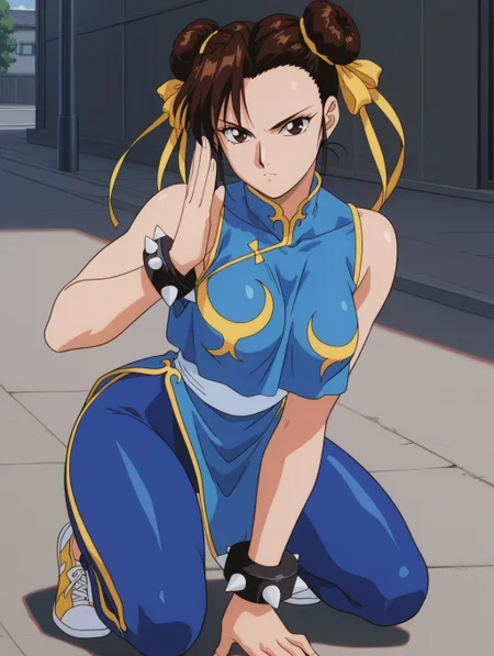 masterpiece, best quality, newest, absurdres, highres, detailed eyes, beautiful, detailed background, perfect eyes, anime coloring, anime screencap, 1990s \(style\), 1girl, solo, mature female, chun-li, brown hair, bangs, short hair, double bun, hair ribbon, brown eyes, medium breasts, chinese clothes, blue bodysuit, sleeveless, blue vest, sneakers, spiked bracelet, looking at viewer, serious, v-shaped eyebrows, fighting stance, (outdoors, street), <lora:chunli_sf2m_illus-05:0.8>