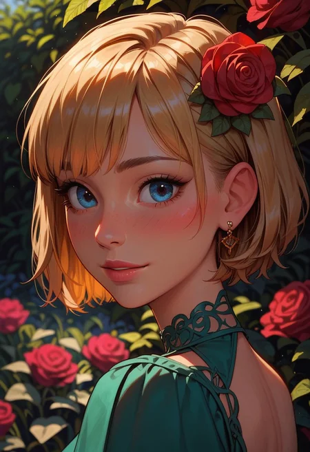 score_9_up, score_8_up, score_7_up, score_6_up, 1girl, 25 years old, perfect face, cute, petite, 
blue eyes, 
three quarter view, detailed face, portrait, face focus, depth of field, looking at viewer, blush, shy smile, close up, 
blonde hair, short hair, bob cut, hair ornament, hair flower, hair behind ear, earrings, 
green dress, bare back, 
pleated dress,  
garden, roses, grass,