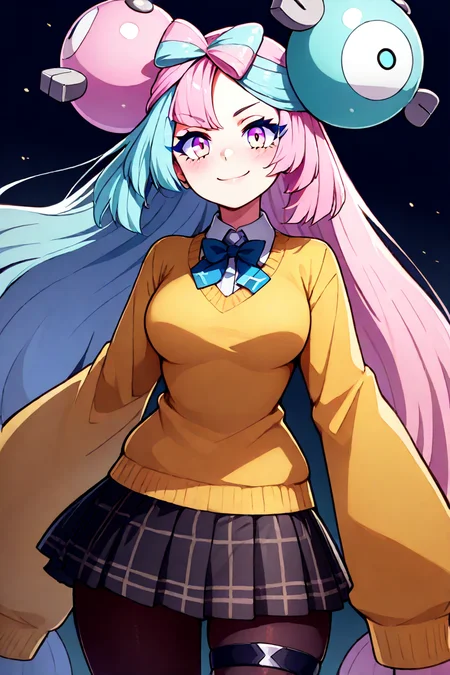 masterpiece, best quality, 32k, high resolution, absurdres, medium breasts, (curvy), cute, eyelashes, vivid colors, BREAK, ,,, , ,,, zzIono, solo, 1girl, long hair, pink eyes, blue hair, pink hair, light blue hair, multicolored hair, bow-shaped hair, yellow jacket, sleeves past fingers, single leg pantyhose, thigh strap, <lora:IonoPokemonIXL_e08:1.0>, ,,,, ,,, smile, looking at viewer, ,,, closed mouth, alternate costume, smile, looking at viewer, collared shirt, blush, sweater, black skirt, eyelashes, long sleeves, sleeves past wrists, plaid skirt, blurry, tile floor, pleated skirt, white shirt, cowboy shot, ,,, BREAK, ,,, subsurface scattering, soft lighting, contemplative expression, dark background, subtle makeup, high-resolution, detailed texture, emotional depth, dramatic mood, side profile, serene atmosphere, cinematic lighting, eye contact, <lora:Dark_Academia_SDXL:0.8>, <lora:CatalystIXL:0.8>,