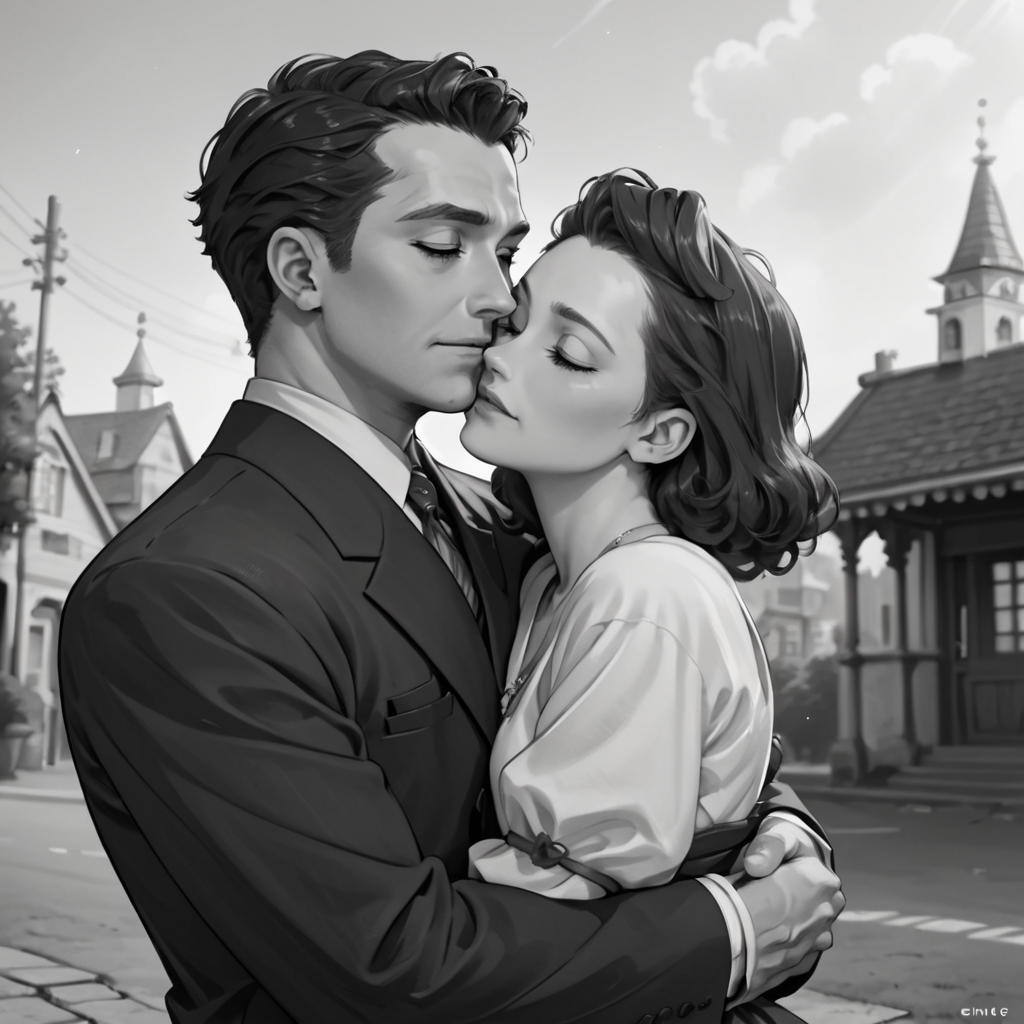 score_9, score_8_up, score_7_up, score_6_up, source_anime, portrait, hud_40s_lv, monochrome, greyscale, 1girl, 1boy, suit, dress, hug, film grain, cinematic, <lora:40sromance-000007:0.8>, outdoors