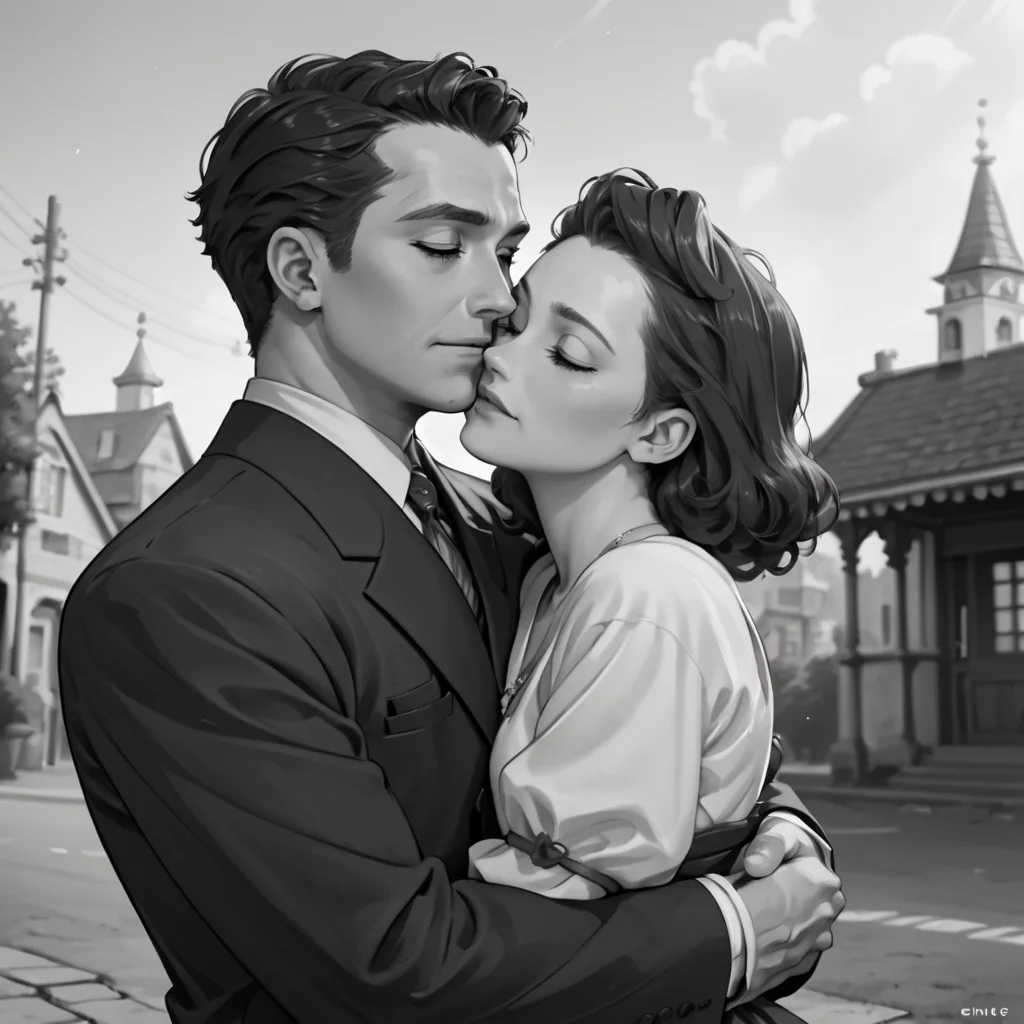 score_9, score_8_up, score_7_up, score_6_up, source_anime, portrait, hud_40s_lv, monochrome, greyscale, 1girl, 1boy, suit, dress, hug, film grain, cinematic, <lora:40sromance-000007:0.8>, outdoors