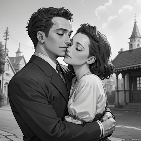 score_9, score_8_up, score_7_up, score_6_up, source_anime, portrait, hud_40s_lv, monochrome, greyscale, 1girl, 1boy, suit, dress, hug, film grain, cinematic, <lora:40sromance-000007:0.8>, outdoors