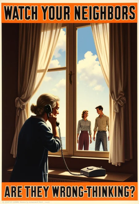 In REME's War Poster Style. an old woman looks out from her window from behind drawn curtains and holds a telephone handset. she looks at a young couple. title reads "WATCH YOUR NEIGHBORS" and "ARE THEY WRONG-THINKING?". high detail.