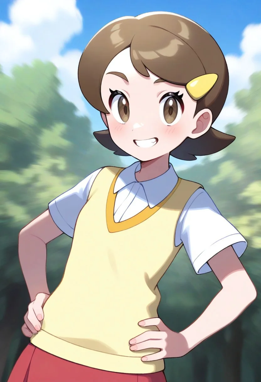 2d, masterpiece, best quality, amazing quality, highres, absurdres, newest, 1girls, standing, smile, grin, cowboy shot, upper body, sky, clouds, woods, nature, 1girl. solo, kohai, short hair, brown hair, brown eyes, hairclip, yellow sweater vest, hands own hip, masterpiece,best quality,newest,absurdres,highres,
