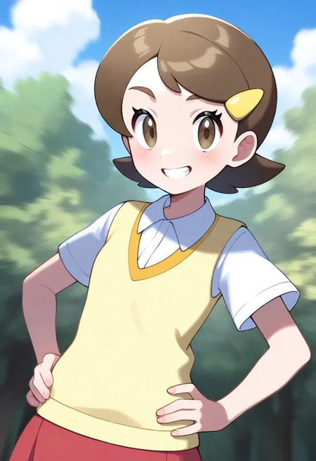 2d, masterpiece, best quality, amazing quality, highres, absurdres, newest, 1girls, standing, smile, grin, cowboy shot, upper body, sky, clouds, woods, nature, 1girl. solo, kohai, short hair, brown hair, brown eyes, hairclip, yellow sweater vest, hands own hip, masterpiece,best quality,newest,absurdres,highres,