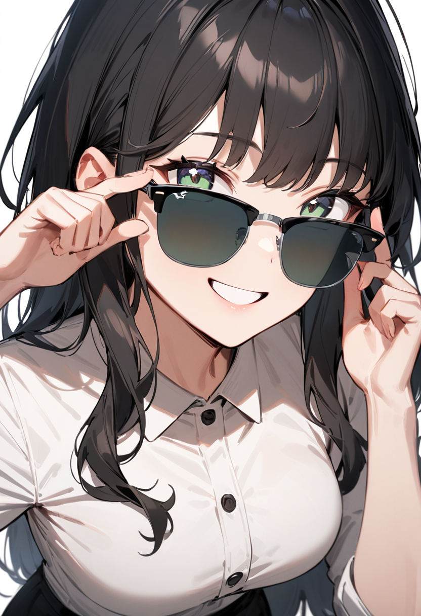 masterpiece, best quality, very aesthetic, absurdres,
1girl, solo, black hair, long hair,
sirmont, sunglasses, darkgreen-tinted eyewear, black-framed eyewear, grey-framed eyewear, two-tone eyewear,
collared shirt, happy, smile, looking at viewer, adjusting eyewear, white background, simple background,
 <lora:sunglasses_CLUBMASTER_SDXL_V1:1>