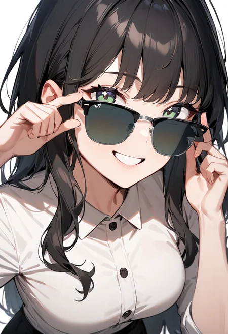 masterpiece, best quality, very aesthetic, absurdres,
1girl, solo, black hair, long hair,
sirmont, sunglasses, darkgreen-tinted eyewear, black-framed eyewear, grey-framed eyewear, two-tone eyewear,
collared shirt, happy, smile, looking at viewer, adjusting eyewear, white background, simple background,
<lora:sunglasses_CLUBMASTER_SDXL_V1:1>
