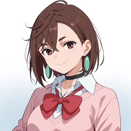 score_9, score_8_up, score_7_up, source_anime, BREAK 1girl, looking at viewer, gradient background, upper body, light smile, momo, brown hair, short hair, hair between eyes, asymmetrical bangs, brown eyes, earrings, black choker, school uniform, white collared shirt, pink sweater, long sleeves, red bowtie, <lora:momo-ponyXL-v0.5-000008:0.8>