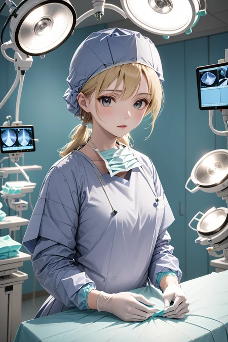 (RAW photo, best quality), 1girl, blonde, long sleeve surgical outfit, surgical gloves, surgical cap, operating room, overhead surgical light, blurred background, focused
<lora:concept_surgeon_mask_open_xl_v1:1>, surgical_mask_open, completely_undone, masterpiece, best quality,