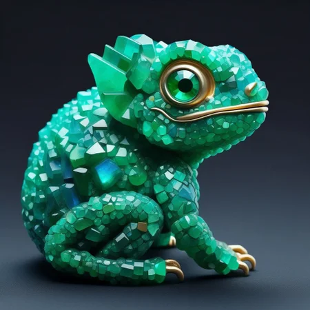 baby chameleon, gemstone geode semi-sphere encrusted embedded rare gem, detailed face, blue eyes, cubist mosaic gemstone frame, concept art, emeraldmorph
