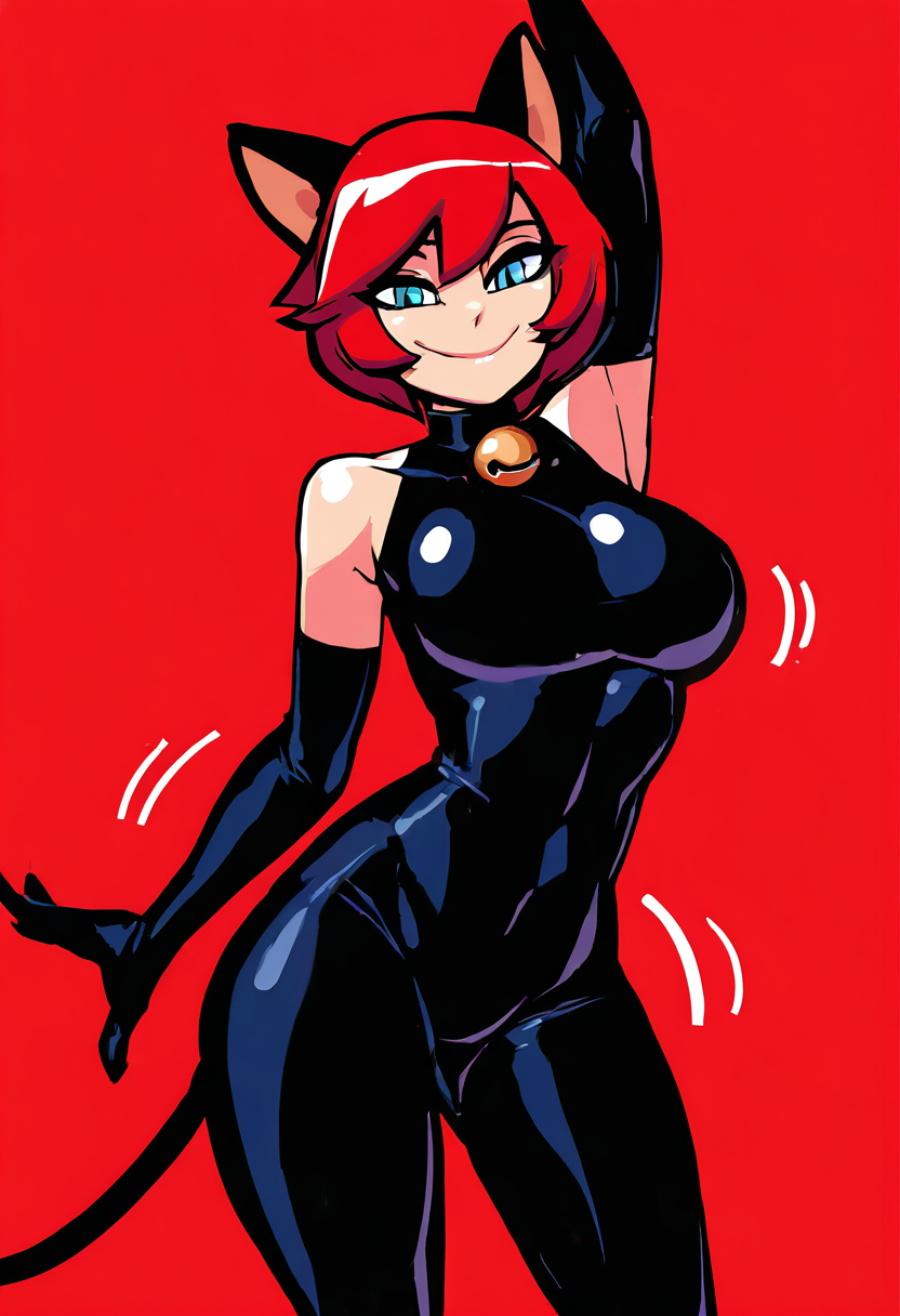 (masterpiece, best quality, good quality, very aesthetic, absurdres, newest:1.2),    <lora:BreedingSeason_NAI:0.7>,   1girl, breasts, short hair, large breasts, thighhighs, gloves,  animal ears, medium breasts, red hair, solo, elbow gloves, cat ears, collar, bell, jingle bell, neck bell, cat tail,  bodysuit, contrapposto, curvy, cowboy shot, smile, looking at viewer, (wiggle hips, motion lines, dancing:1.3),