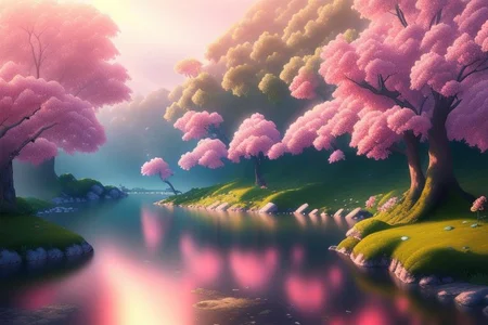 a cliff facing away from the camera to a field of lush pink trees rivers and small humble villages. The era I feudal Japan. The ocean is off in the distant background. As the pitch of trees  has white leaves the ocean is far away behind the forest. hyper realistic. hd. 4k. the water creates a beautiful reflection. and the scene looks like it was taken from a 35mm camera. the scene looks like a photo