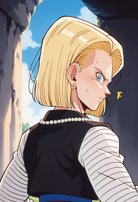 score_9, score_8_up, score_7_up, score_6_up, score_5_up, score_4_up,source_anime, indoors in a palace, looking back, embarassed expression<lora:Smooth Anime Style LoRA XL:1> <lora:cyborgc18dbz1XL_Pony_v1:1> cyborgc18dbz, 1girl, blonde hair, blue eyes, short hair, earrings, black waistcoat, striped sleeves, white shirt, pearl necklace