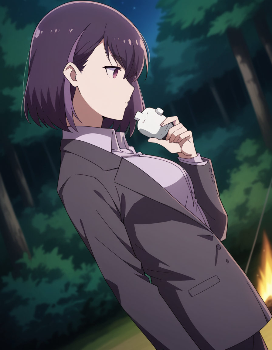 score_9, score_8_up, score_7_up, source_anime, <lora:rika-honjouji-alpha-ponyxl-lora-nochekaiser:1>, rika honjouji, short hair, bangs, purple hair, purple eyes, streaked hair, medium breasts,, shirt, jacket, white shirt, collared shirt, formal, suit, camping, bonfire, tent, stargazing, marshmallows, forest clearing, night, , , from side, solo,, cowboy shot, dutch angle,
