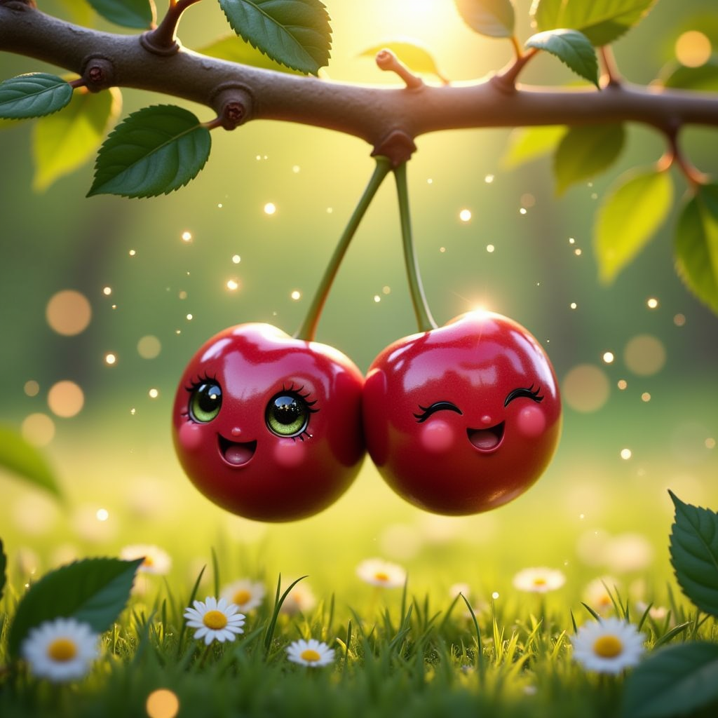 pam-swtvrld happy cherry hanging on a branch. meadow background with glowing particles in the air.