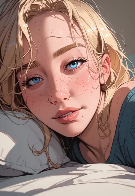 masterpiece,best quality, highly detailed, score_9, score_8_up, score_7_up, score_6_up, source_cartoon,
BREAK
BREAK
1girl, close-up, bedroom, laying in a seductive pose, large saggy breasts, slightly exposed, detailed skin, flushed cheeks, messy hair, sensual expression, biting lip, thick seductive lips, detailed textures, glossy lips, raw emotion, explicit focus, no eye contact, erotic tension, intimate atmosphere, blonde, blue eyes, large tired eyes, freckles, many freckles, nerdy, blonde.
BREAK
dynamic light, cool_light, pastel colors soft_colors, soft focus, high contrast, textured surfaces, depth of field, 4K, deep shadows, rich details, nature-inspired color palette, playful composition.
,dynamic angle,dynamic light,background,