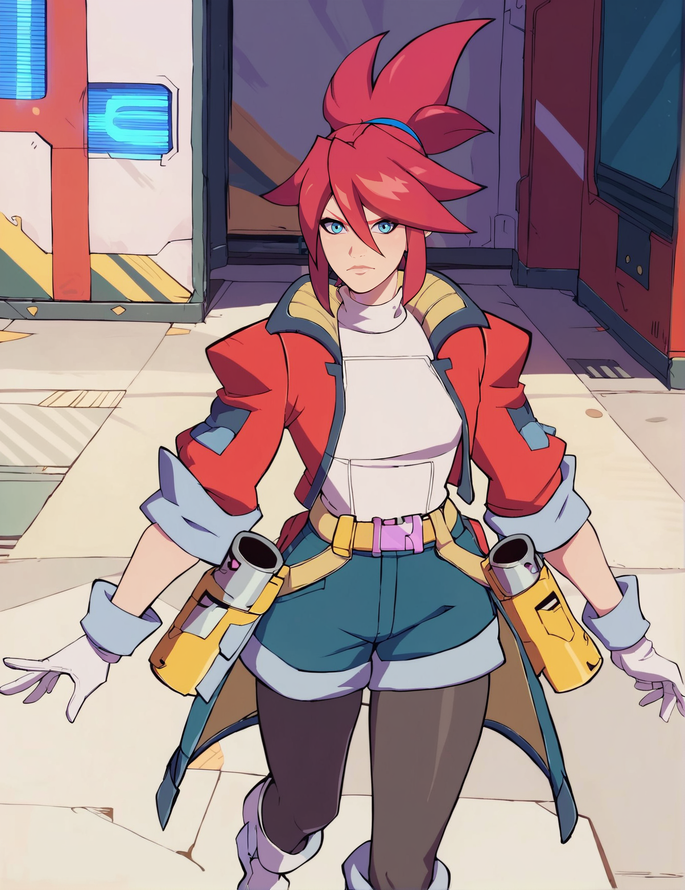 score_9, score_8_up, score_7_up,score_9, score_8_up, score_7_up,  <lora:Korsica:0.75>, 1girl, kors1ca, red hair, spikes stylized hair, hair tail, blue eyes, blue hair band, white turtleneck, yellow and black collar, belt, holster, white gloves, blue shorts, black tights, white boots