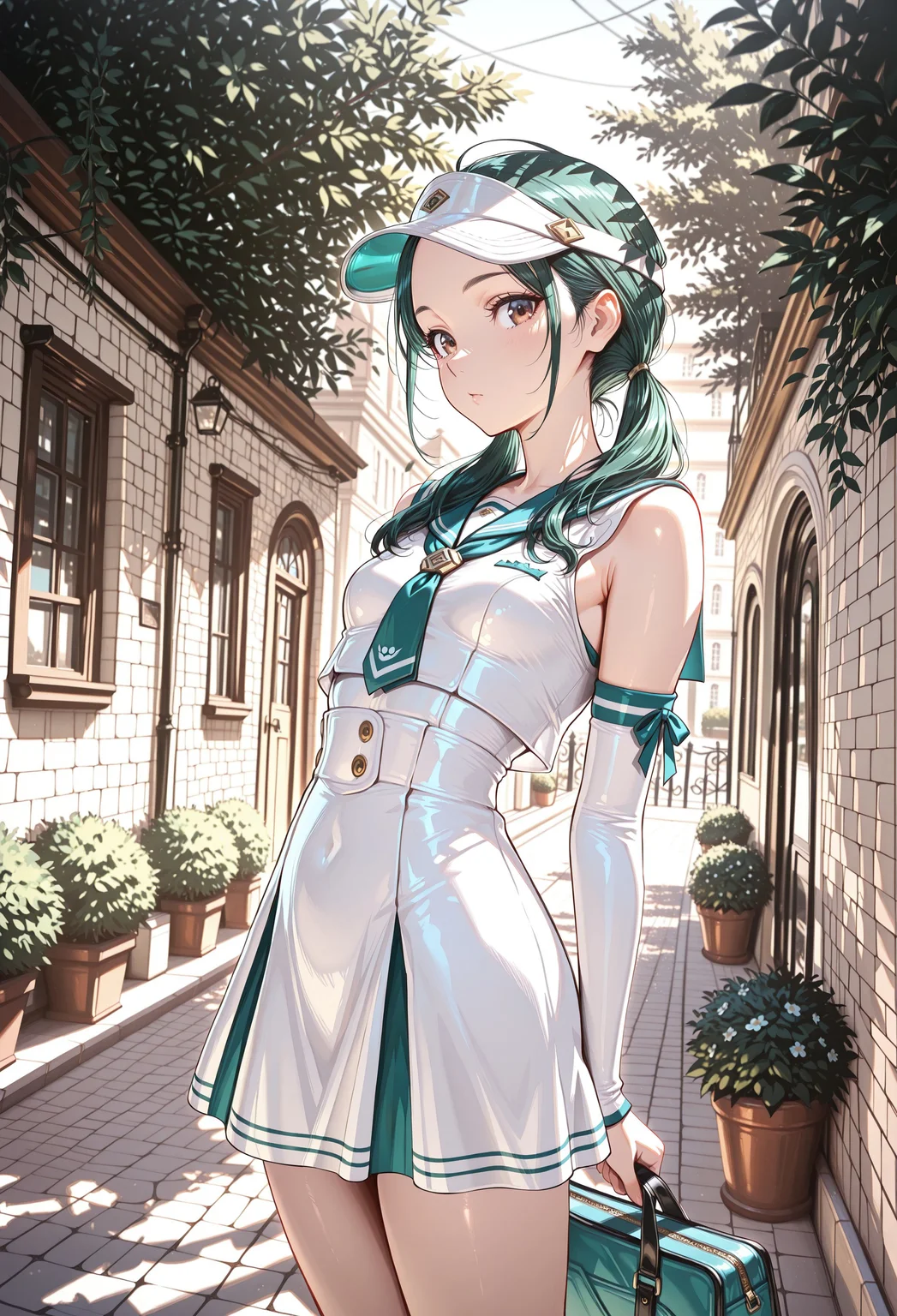 (realism:1.1), (abstract background:1.2), negative space, colorful, (impressionism | background), (summer theme), stone wall, stone railing, cobblestone street, green vines, bush vines,
(1 girl, sway back, wearing bag, side eyes, glance at viewer), (visor cap, Sailor dress, cropped top, detached sleeves, high-waist skirt), ((great anatomy, correct anatomy, midoriL, wide forehead, low twintails, green hair, brown eyes, small breasts)),
dynamic pose, dynamic angle, side view, cowboy shot
((masterpiece, absurdres, newest, best quality, visual impact, very aesthetic)), (perfect quality, best quality, absolutely eye-catching), 4K, detailed facial features, detailed clothing features, detailed texture, (illustration, absolutely eye-catching, ambient occlusion, raytracing, photorealism, very highly detailed),