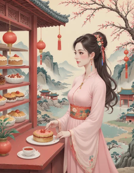 Chinese art, beautiful woman at the bakery, eyeing pastries, in a field of cherry blossom trees, p1nktrad1t10nalch1n3s3styl3