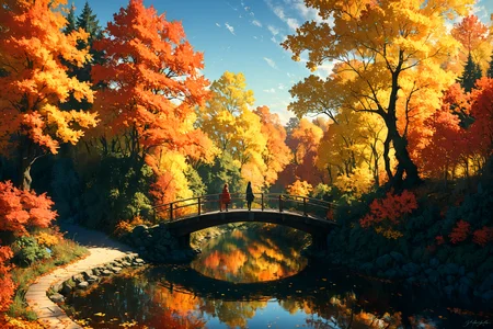 Imagine a serene landscape in the heart of autumn, where the vibrant hues of red, orange, and yellow leaves contrast strikingly against a clear, azure sky. A gentle river meanders through the scene, reflecting the brilliant colors of the trees on its smooth surface. In the foreground, a small wooden bridge arches over the river, inviting onlookers to cross. A solitary figure, clad in a cozy sweater and scarf, stands on the bridge, pausing to take in the breathtaking view. The air is crisp and filled with the subtle scent of falling leaves, creating a sense of peace and tranquility. This picturesque setting captures the essence of autumn's beauty and the reflective mood it inspires.. <lora:Lost_In_Dreams:0.6> <lora:xl_more_art-full_v1:0.6>, (masterpiece:1.2), best quality, (hyperdetailed, highest detailed:1.2), high resolution textures